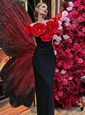 立体花朵黑色晚礼服2024新款高级感轻奢小众气质名媛一字肩长裙女
