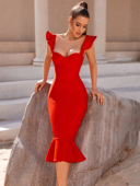 小众性感红色连衣裙2023新款 女装 夏款 法式 修身 显瘦露背鱼尾包臀裙