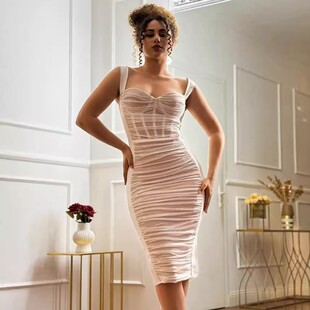 跨境女装 派对礼服夜店 包臀绷带连衣裙网纱弹性紧身褶皱吊带法式
