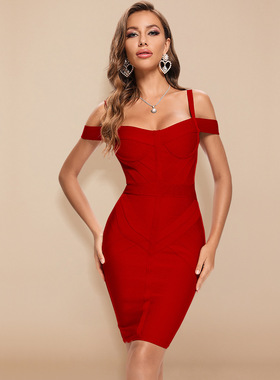 吊带收腰紧身显瘦包臀短款连衣裙女2025秋季新款V领绷带轰趴礼服