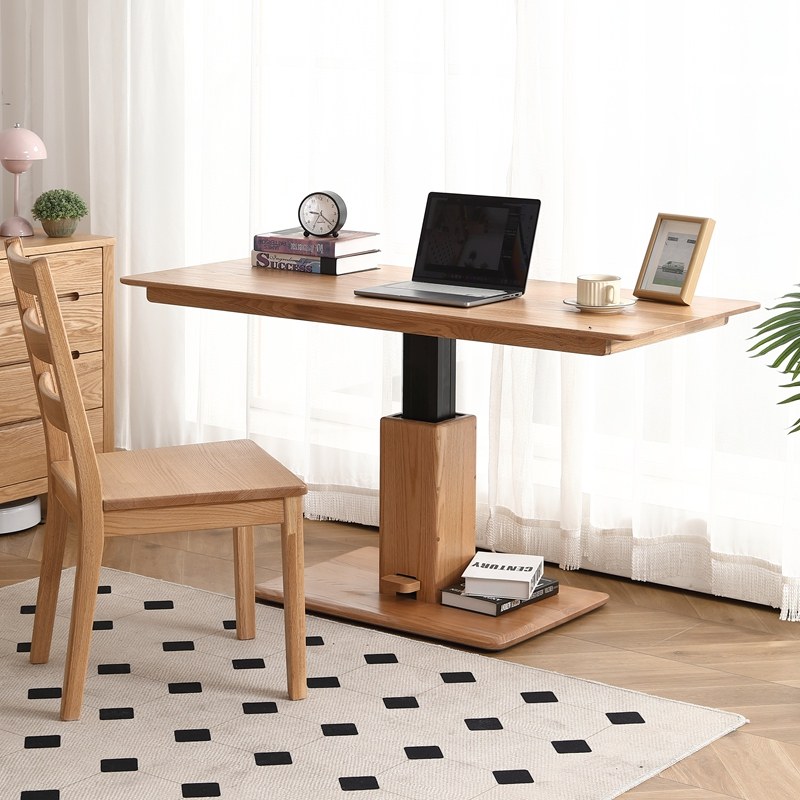 现代简约全实木橡木升降茶几原木色小户型餐桌书桌多功能可加脚轮