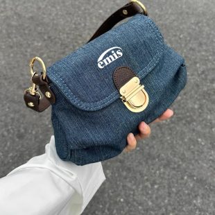 韩代正品emis小众设计牛仔布复古单肩斜挎包锁扣腋下包通勤小方包