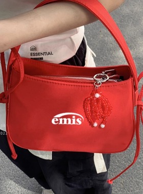 韩代正品emis 尼龙布腋下包女马鞍包小众高级感手提红色包包