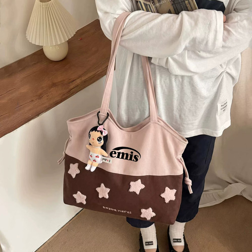 emis撞色毛绒托特帆布包女单肩包