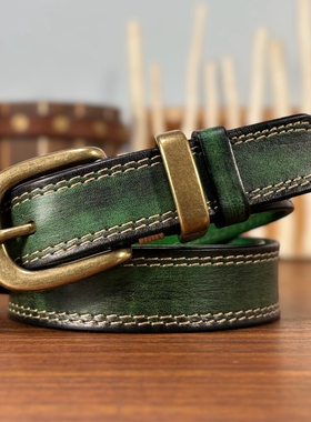 皮带女复古针扣头层牛皮简约百搭牛仔裤绿色真皮腰带女小众设计
