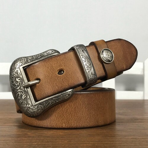 唐草雕花带扣头层牛皮男女腰带