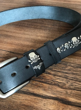 头层牛皮铆钉皮带男机车嘻哈风休闲针扣真皮腰带潮配牛仔裤深灰色