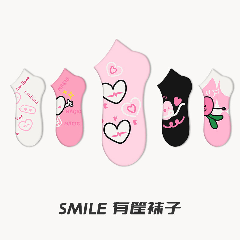 可爱卡通袜子船袜纯棉女不掉跟短筒袜透气浅口春夏薄款ins潮粉色图片