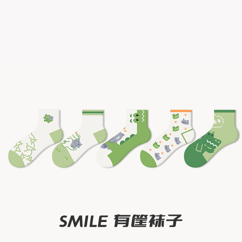 绿色袜子女短袜原创设计感夏季恐龙抗狼袜ins潮不掉跟船袜棉卡通