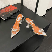 透明PVC仙女尖头水晶细跟凉鞋 清货 性感水钻蝴蝶结高跟鞋 名缓断码