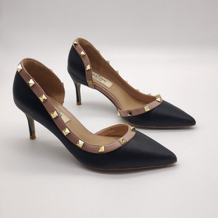 尖头浅口单鞋细跟柳钉侧空成人礼高跟鞋仙女小码鞋性感女断码清货