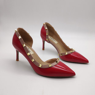 尖头浅口单鞋细跟高跟鞋柳钉侧空仙女气质女神欧美性感女断码清货