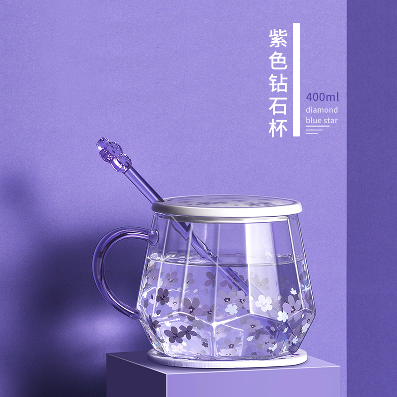 蓝星花耐热玻璃杯水杯女清新可爱少女紫办公室咖啡杯ins风茶杯子