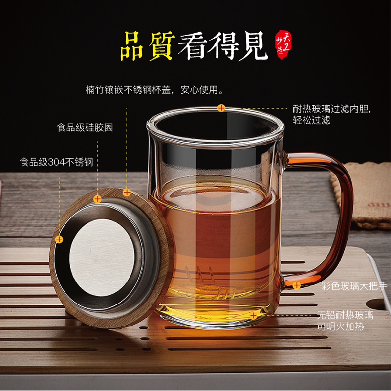 泡茶杯过滤玻璃花茶杯茶水分离杯子带把家用办公室茶杯带盖玻璃杯