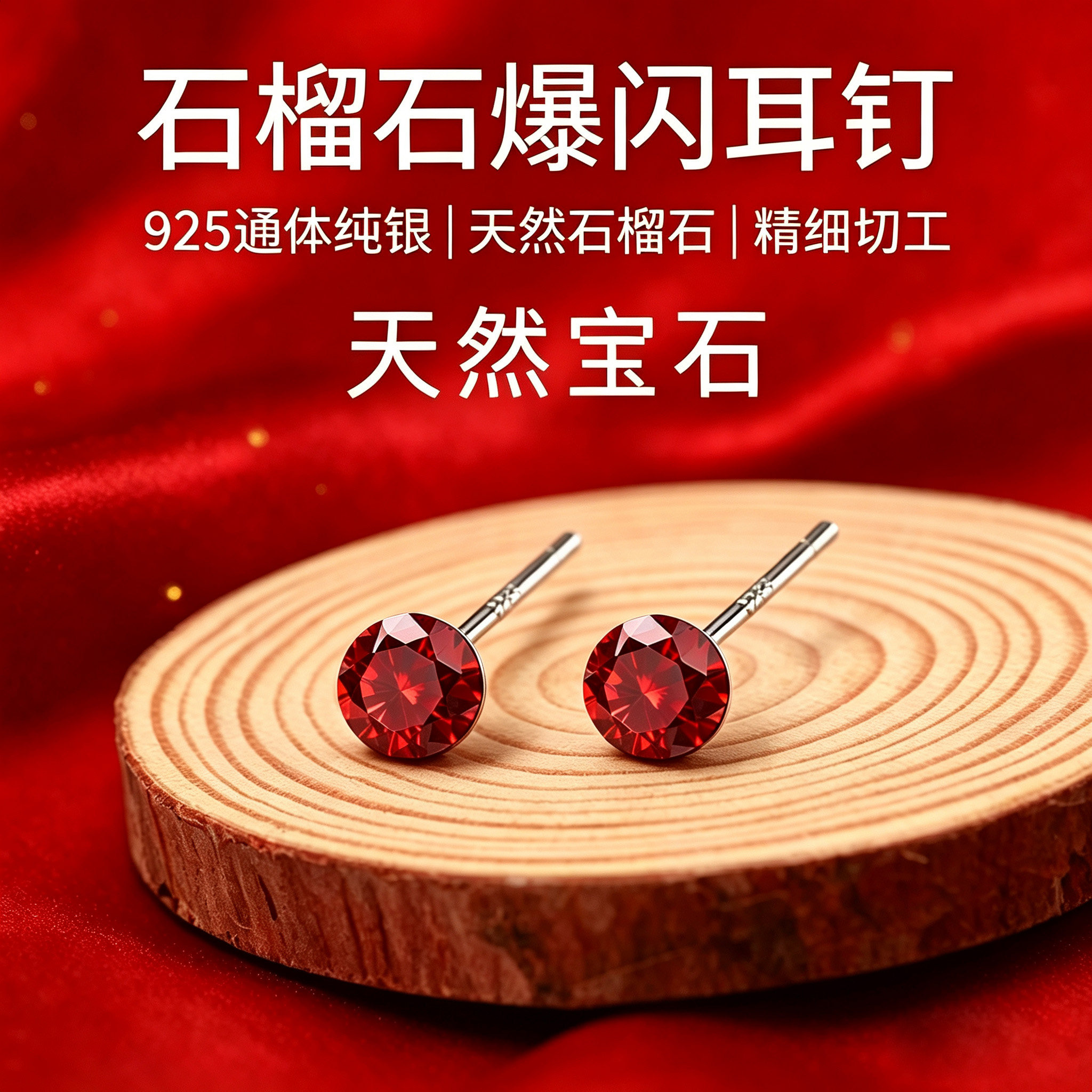天然石榴石耳钉925纯银防过敏图片