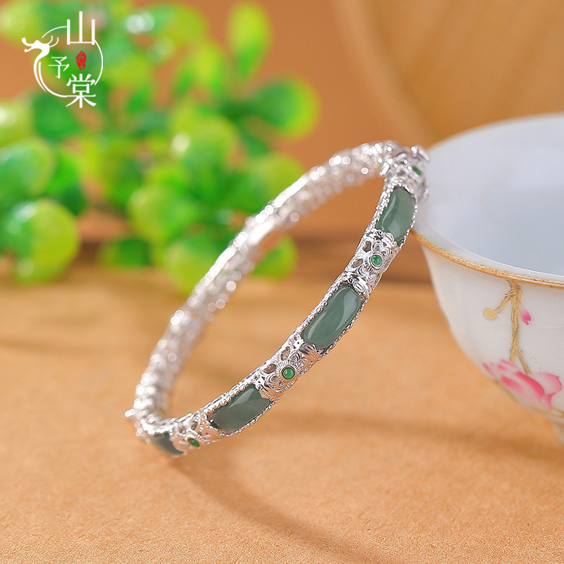 山予棠S925纯银蓝水翡翠节节高升宫廷风镂空古典蝴蝶无事牌银手镯