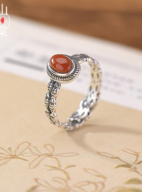 山予棠S925纯银南红玛瑙戒指复古做旧鲤鱼小鱼蛋面椭圆形开口指环