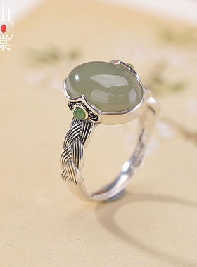 山予棠S925纯银天然和田玉晴水玉如意编织麻花蛋面开口银戒指指环