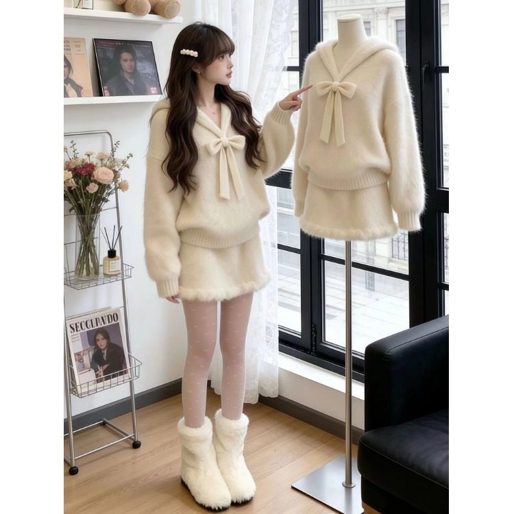 独特漂亮冬装一整套女2026新款白色蝴蝶结绑带毛衣针织半身裙套装