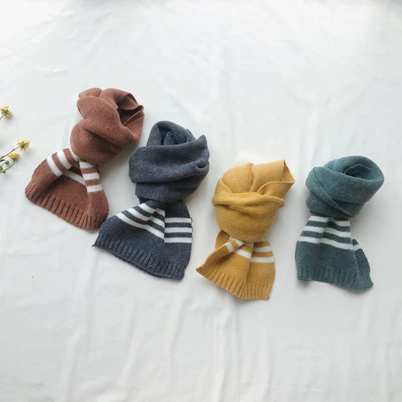 冬季韩版休闲纯色针织条纹围巾加厚保暖 男女宝宝3-8岁儿童围巾