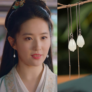 刘亦菲同款耳环纯银养耳洞高级感玉兰花和田玉耳线耳钉爆款女春夏