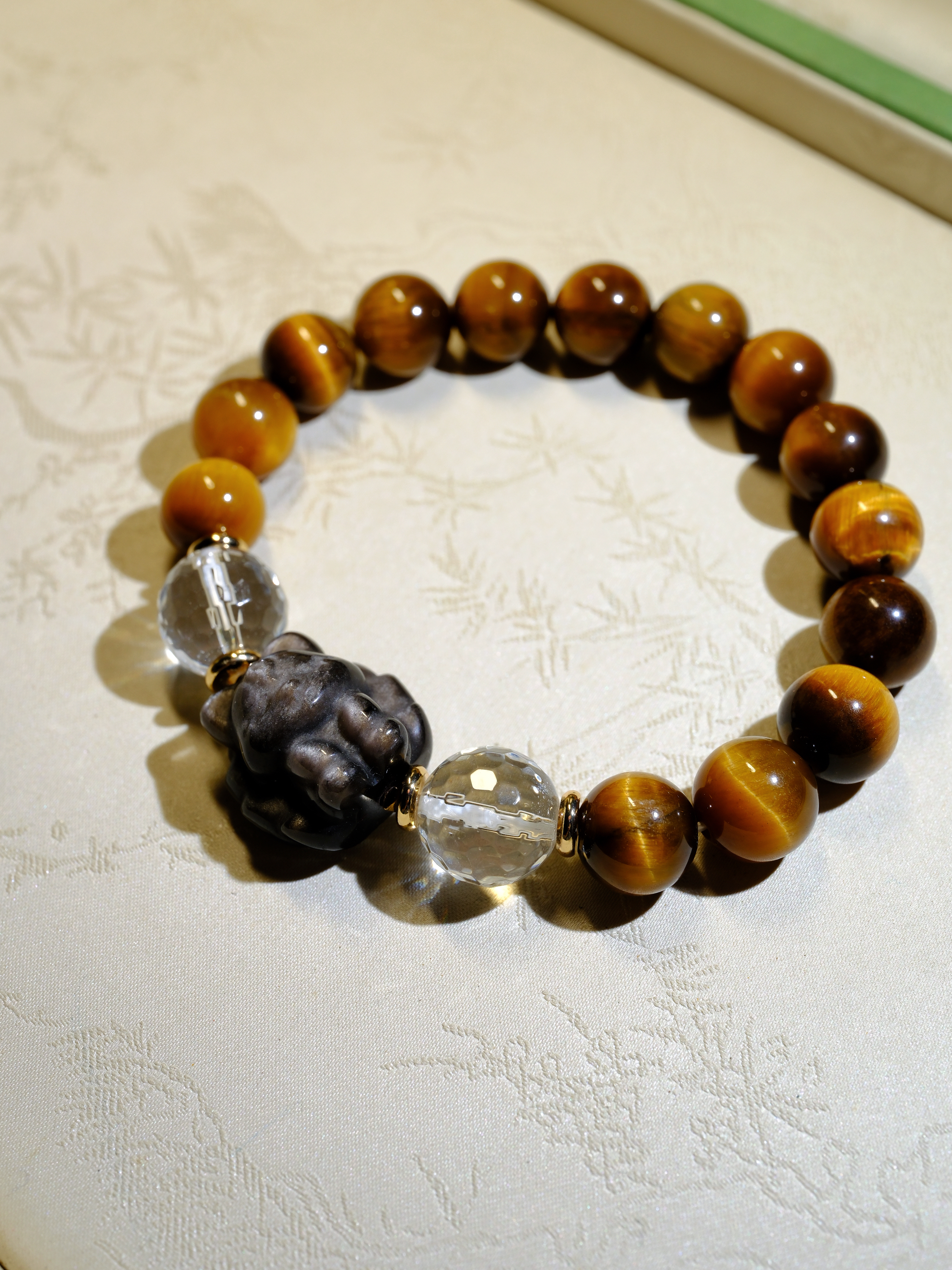 【一物一图】10mm金虎睛水晶手串+银曜石凤九～16手围