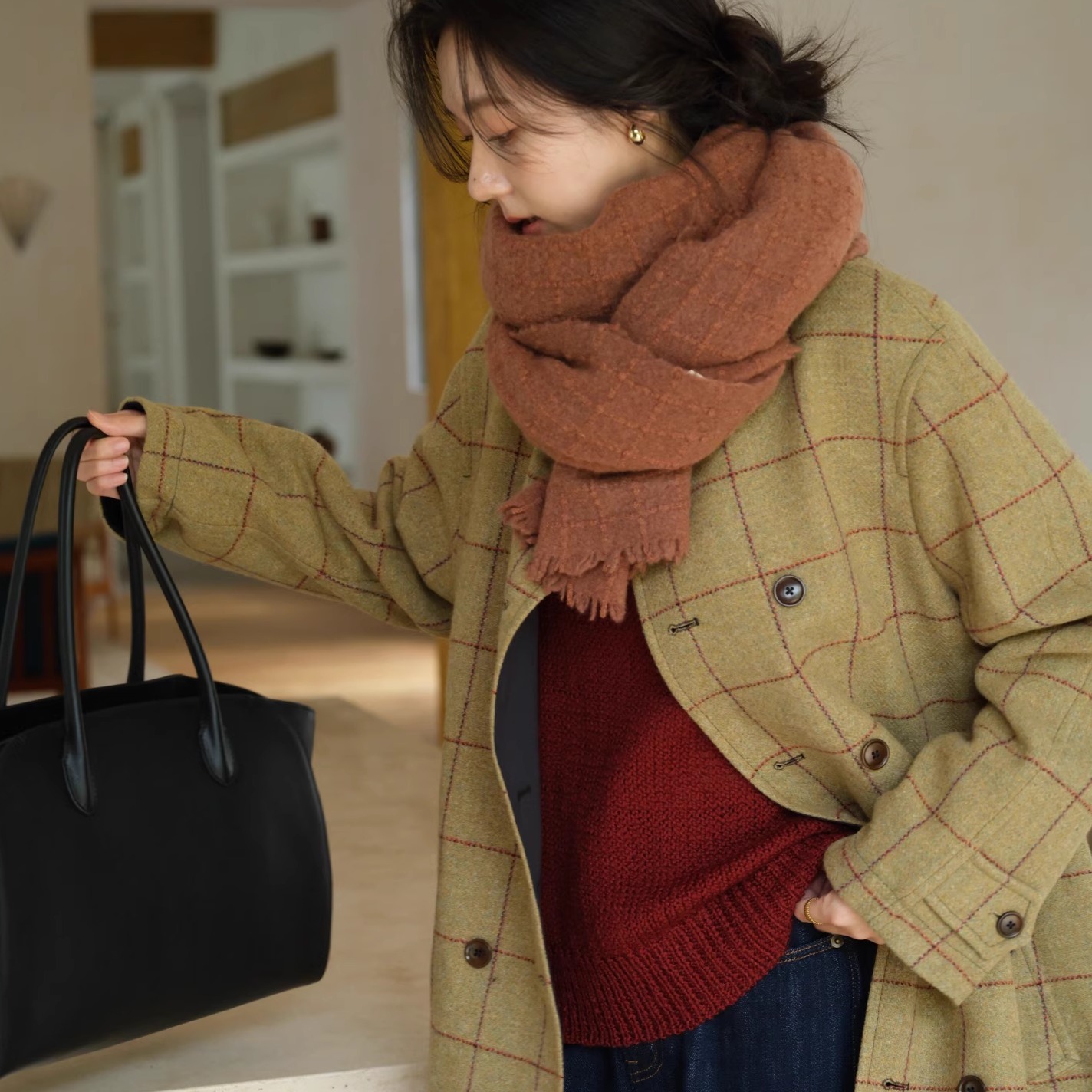 【TTDP】天天家复古英伦风经典双面双排扣羊毛格子大衣外套 10146