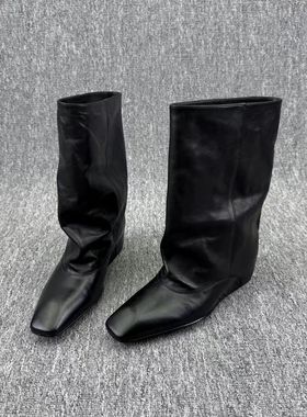 【TTDP】天天家进口植鞣小牛皮内增高筒靴时髦围筒方头靴子11202