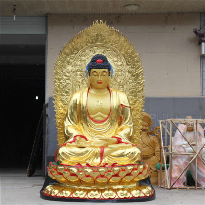 玻璃钢鎏金彩绘带背光寺庙佛像