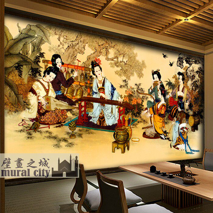 古代美女仕女墙纸演奏乐器弹奏古琴编钟壁纸古典人物国画壁画背景