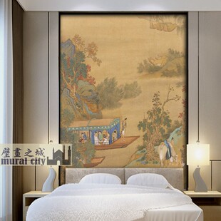 仇英山水人物小品壁纸古风国画仕女墙布送别图背景复古意境背景画