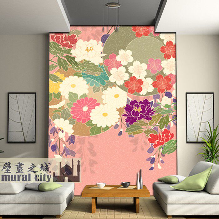 日系和风樱花菊花墙纸日本日式碎花简约花瓣壁纸彩绘日系壁画背景