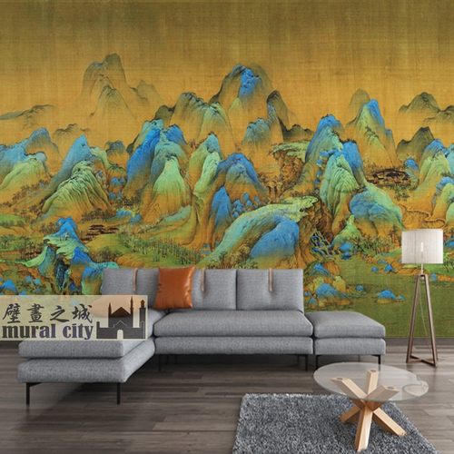 千里江山图墙布古风山水青绿壁画