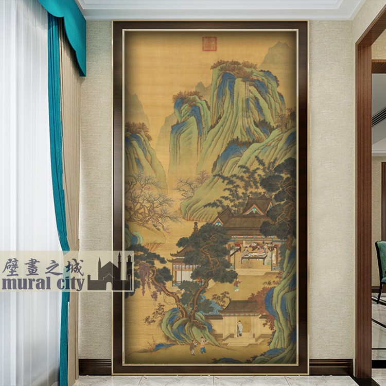 青绿山水复古壁纸古风庭院人物中式墙布国画竖幅玄关背景墙纸壁画