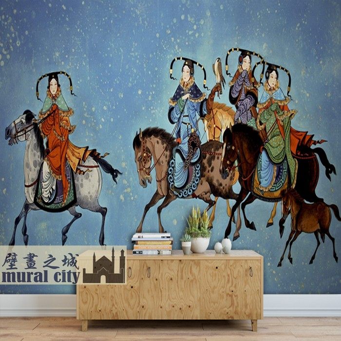 蒙古族女人骑马墙纸图壁纸中亚风格民族女子服饰壁布赛马壁画背景