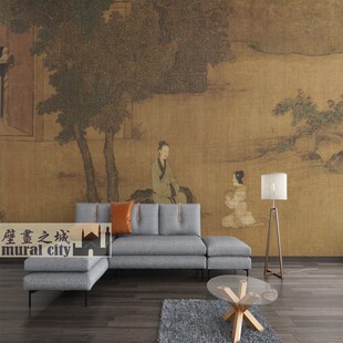 古风仕女图中式壁纸复古人物画墙布宋画古典背景墙纸人文山水壁画