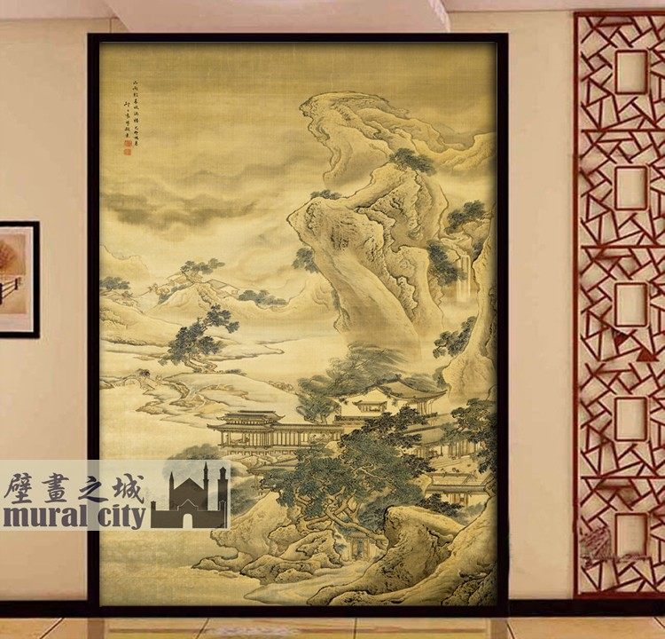 复古风亭台楼阁壁纸明清山水国画墙布新中式意境壁画玄关背景壁纸