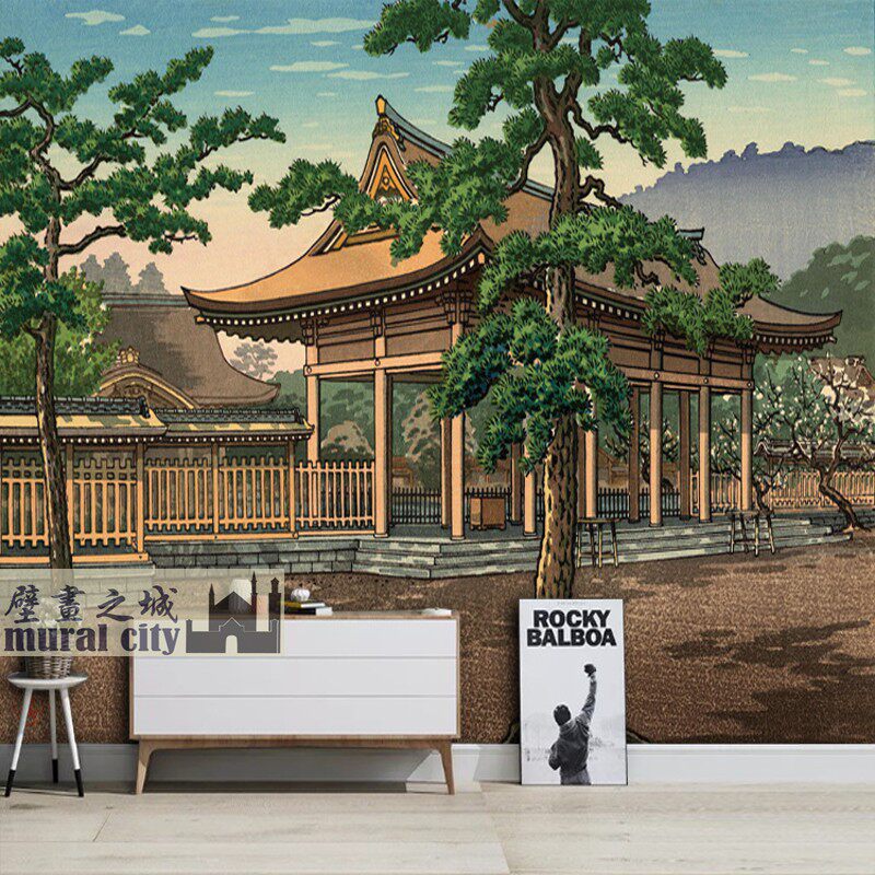 日式松树园林墙布日系浮世绘风景壁画墙纸日本亭台神社壁纸背景画