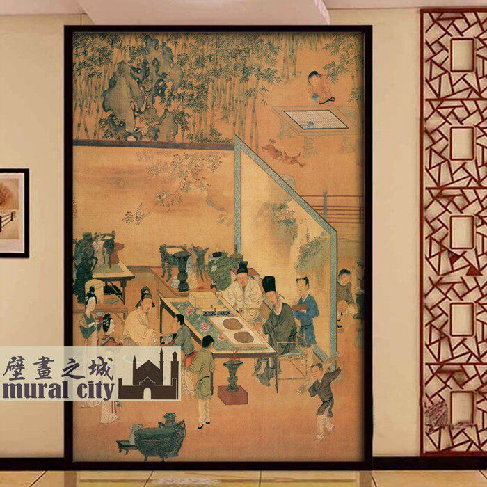 古代私塾学堂壁纸仇英竹林雅士品古名画墙纸布中式意境国画背景墙