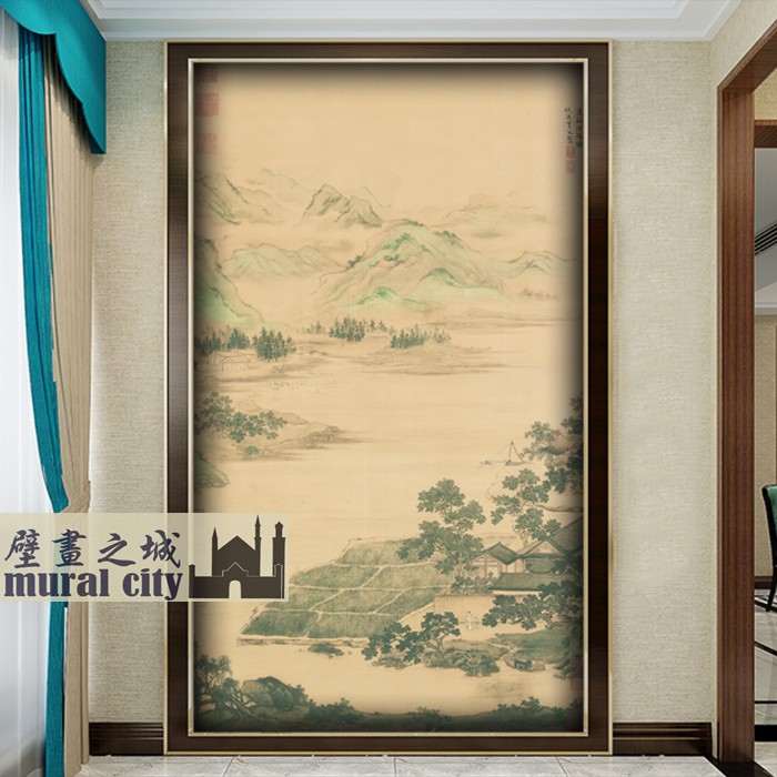 中式田园山水壁纸仇英古风国画青绿水墨画墙布玄关走道餐厅背景墙