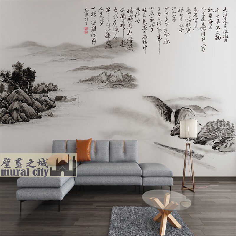 山水书法诗词壁纸中式古风苏轼念奴娇水墨古风墙纸墙布客厅背景墙
