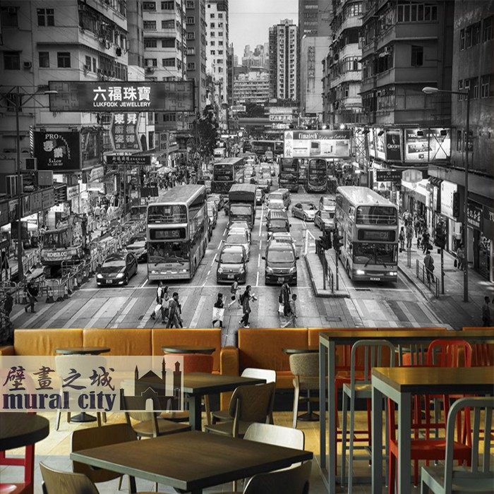 黑白香港街景壁纸布现代都市城市街道复古墙布茶餐厅酒店摄影壁画