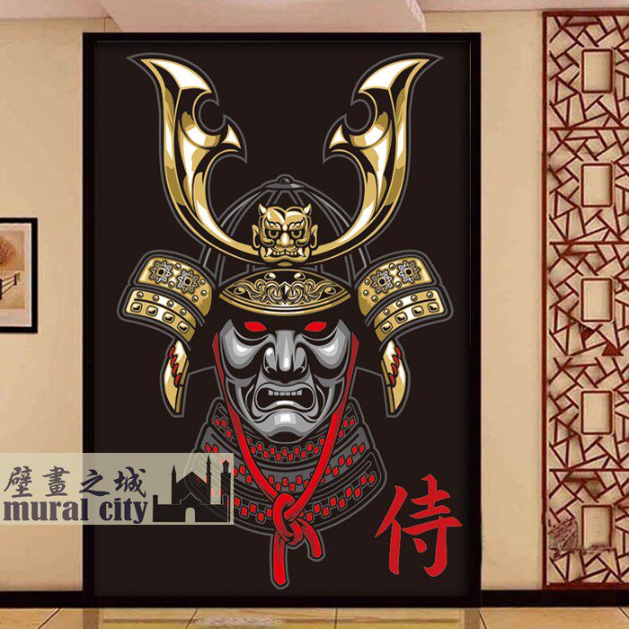 日本武士忍者剑客壁纸日式黑暗系恐怖武士墙纸日料居酒屋壁画布