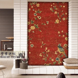 红底花鸟喜鹊图壁纸复古中式墙布故宫红花壁布古风画背景壁画