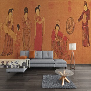 挥扇仕女图古风壁纸复古唐朝美女人物画墙布中式名画墙纸背景壁画