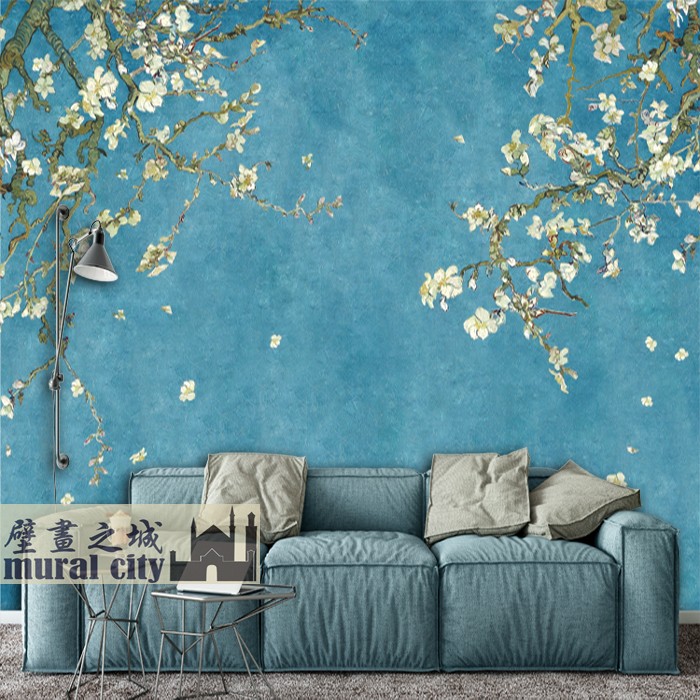 梵高油画杏花壁纸欧式经典名画墙纸简约客厅沙发电视背景墙壁画布