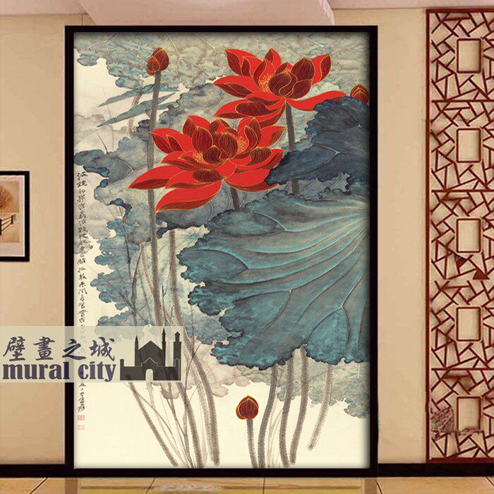 红莲花壁纸墙画泼墨张大千荷花国画墙纸布残荷枯荷中式意境背景墙