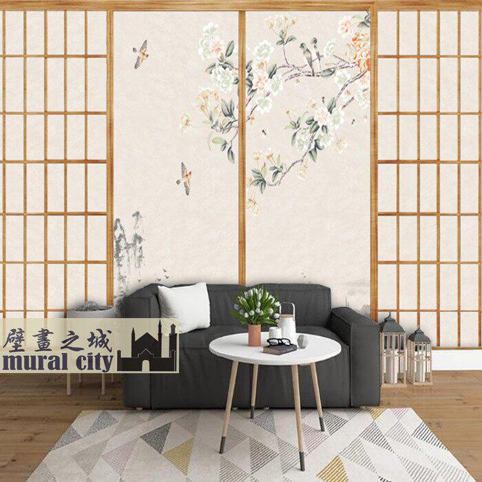 日式方格子门壁纸和风日系福斯玛门墙纸布花鸟日本风格壁画背景布图片