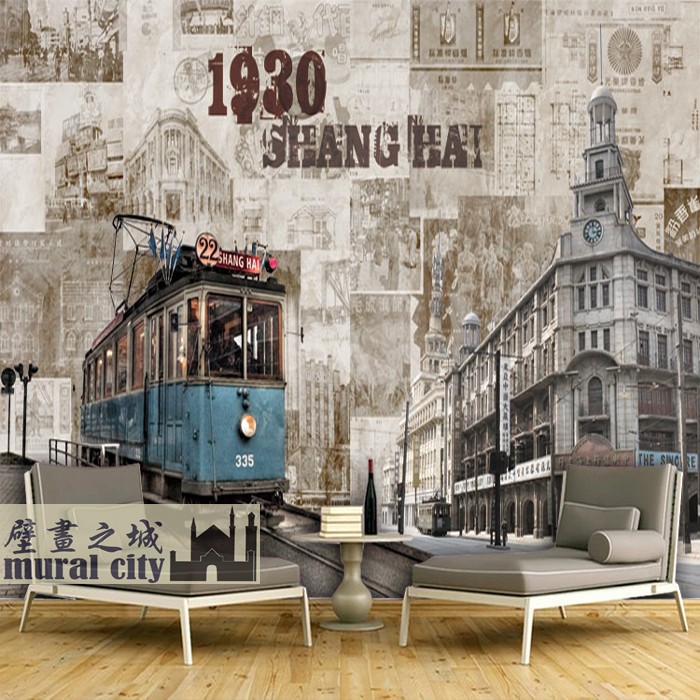 怀旧上海滩壁纸老旧上海墙布灰白复古民国风墙纸有轨电车壁画背景