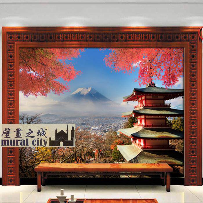 日本富士山樱花墙纸日式风格壁纸布日本古庙宇楼阁和风背景墙壁画